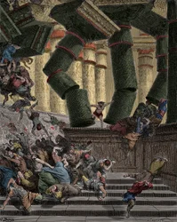 Samson bringt den Tempel Dagons zum Einsturz, Stich von Gustave Doré (1832-1883)