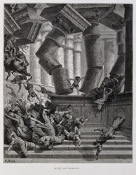 Samson zerstört den Tempel des Baal, Illustration aus der Dore-Bibel