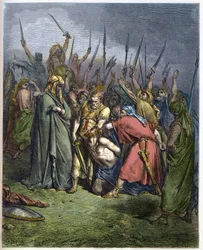 Samuel tötet Agag - Die Enthauptung von Agag, König der Amalekiter, durch den Propheten Samuel - Gravur in „Die illustrierte Bibel“ von Gustave Doré (1832-1883) - Gravur aus „Die Doré-Bibel“