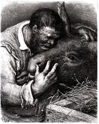Sancho Panza weint, während er seinen Esel küsst