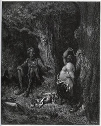 Sancho Panza fliegt vor Don Quixote, um Merlins Wunsch zu erfüllen und Dulcinea von Toboso zu entzaubern. Don Quixote drängt ihn, seine Leidenschaft zu mäßigen - aus „Don Quixote de la Mancha“ von Miguel Cervantes (1547-1616) - Holzschnitt