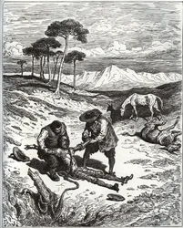 Sancho und der Cousin ziehen Don Quijote (schlafend) aus Montesinos