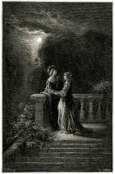Sigognac und Isabelle: Liebende endlich vereint im Mondlicht. Am Ende triumphiert die Liebe! Illustration von Gustave Doré zum Schelmenroman von Théophile Gautier „Le capitaine Fracasse“, Ausgabe Charpentier 1863.