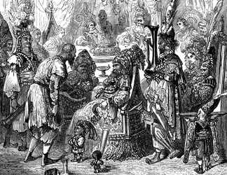 Sindbad der Seefahrer - Geschichte aus den Tausendundeiner Nacht - Illustration von Gustave Doré (Detail) - Maxwell-Ausgabe 1865 - Prolog: Ein armer Träger (Hinbad) stellt sich vor Sindbad, der alt und reich geworden ist. Letzterer wird ihm erzählen