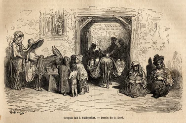 Skizze nach dem Leben: Bettler in Valpadenas (Kanal). Gravur zur Illustration der Reise nach Spanien von Gustave Doré (1832-1883) Illustrator und Baron Ch. Davillier Redakteur, 1862, veröffentlicht in „Le tour du monde, nouveau journal des voyages“, unter 