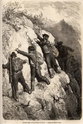 Schmuggler aus der Serrania de Ronda. Zeichnung von Gustave Doré, zur Illustration seiner Reise nach Spanien 1862, mit Ch. Davillier. Gravur in „Le tour du monde“, herausgegeben von Edouard Charton