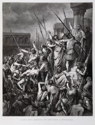 St. Paulus wird von den Juden Jerusalems angegriffen, Illustration aus der Dore-Bibel