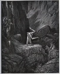Die akrobatische Buße von Don Quijote in der Sierra Morena - aus „Don Quijote de la Mancha“ von Miguel Cervantes (1547-1616) - Holzschnitt nach einer Zeichnung von Gustave Doré