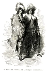 Der Baron de Sigognac und der Marquis de Bruyeres. Stich von Gustave Doré zur Illustration von Théophile Gautiers Roman „Le capitaine Fracasse“, Ausgabe Charpentier 1863.
