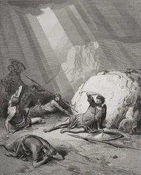 Die Bekehrung des heiligen Paulus, Apostelgeschichte 9:1-6, Illustration aus Dorés „Die Heilige Bibel“, gestochen von Ligny, 1866
