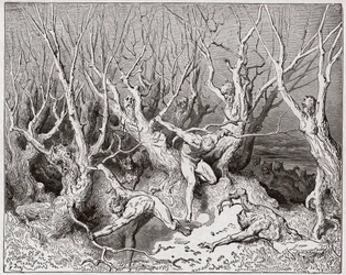 Die Göttliche Komödie (La Divina Commedia, La Divine Comédie), Inferno, 13. Gesang: Die Selbstmörder fliehen aus dem Wald - von Dante Alighieri (1265-1321) - Illustration von Gustave Doré (1832-1883)