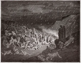 Die Göttliche Komödie, Inferno, 14. Gesang: Die Gewalttätigen, gequält im Feuerregen - von Dante Alighieri (1265-1321) - Illustration von Gustave Doré (1832-1883)