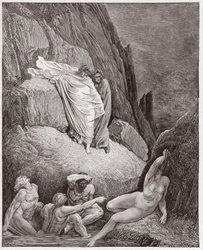 Die Göttliche Komödie, Inferno, Gesang 18: Virgil zeigt Dante den Schatten von Thais (Illustration von Gustave Doré)