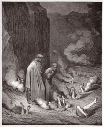 Die Göttliche Komödie, Inferno, Gesang 19: Dante tadelt Papst Nikolaus III. in der vierten Bolgia - von Dante Alighieri (1265-1321) - Illustration von Gustave Doré (1832-1883)