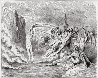 Die Göttliche Komödie, Inferno, Gesang 21: Teufel quälen die Barratoren (Illustration von Gustave Doré)