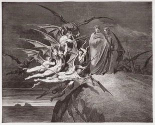 Die Göttliche Komödie (La Divina Commedia, La Divine Comédie), Inferno, 21. Gesang: Die Dämonen bedrohen Vergil - von Dante Alighieri (1265-1321) - Illustration von Gustave Doré (1832-1883)