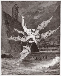 Die Göttliche Komödie, Inferno, Gesang 22: Alichino und Calcabrina ringen über dem Pech - von Dante Alighieri (1265-1321) - Illustration von Gustave Doré (1832-1883)