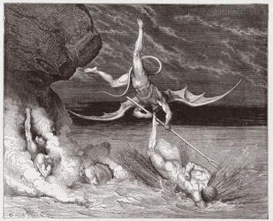 Die Göttliche Komödie, Inferno, Gesang 22: Ciampolo entkommt dem Dämon Alichino in der fünften Bolgia - von Dante Alighieri (1265-1321) - Illustration von Gustave Doré (1832-1883)