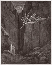 Die Göttliche Komödie, Inferno, Gesang 23: Die Dichter entkommen den Dämonen der fünften Bolgia (Illustration von Gustave Doré)