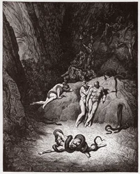 Die Göttliche Komödie, Inferno, Gesang 25: Agnello verwandelt sich in eine Schlange - von Dante Alighieri (1265-1321) - Illustration von Gustave Doré (1832-1883)