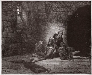 Die Göttliche Komödie, Inferno, Gesang 33: Gaddo stirbt vor den Augen seines Vaters (Illustration von Gustave Doré)