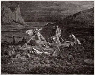 Die Göttliche Komödie, Inferno, Gesang 8: Phlegyas setzt Dante und Virgil über den Styx (Illustration von Gustave Doré)