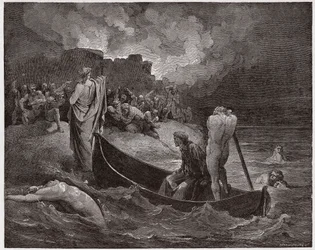 Die Göttliche Komödie (La Divina Commedia), Inferno, Gesang 8: Virgil und Dante landen an der Zitadelle von Dis - von Dante Alighieri (1265-1321) - Illustration von Gustave Doré (1832-1883)
