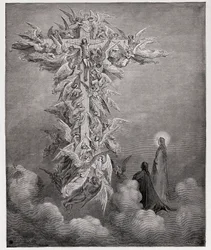 Die Göttliche Komödie, Paradiso, Gesang 14: Dante und Beatrice sehen die Engel mit Christus am Kreuz (Illustration von Gustave Doré)
