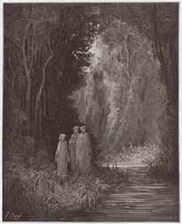 Die Göttliche Komödie, Purgatorio, 28. Gesang: Dante, Vergil und Statius im uralten Wald des irdischen Paradieses - von Dante Alighieri (1265-1321) - Illustration von Gustave Doré (1832-1883)