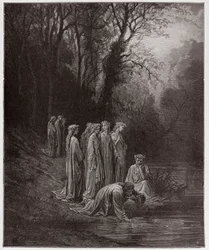 Die Göttliche Komödie, Purgatorio, Gesang 33: Dante trinkt aus dem Fluss Eunoe - von Dante Alighieri (1265-1321) - Illustration von Gustave Doré (1832-1883)