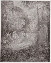 Die Göttliche Komödie, Purgatorio, Gesang 7: Die Geister singen Salve Regina im Tal (Illustration von Gustave Doré)