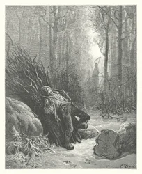 Die Fabeln von La Fontaine: Der Tod und der Holzfäller (Gravur)