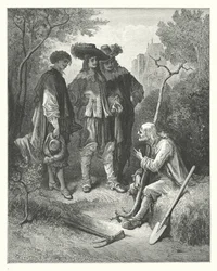 Die Fabeln von La Fontaine: Der alte Mann und die drei jungen Männer (Gravur)