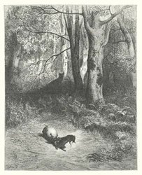 Die Fabeln von La Fontaine: Die zwei Ratten, der Fuchs und das Ei (Gravur)