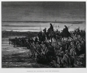 Die hebräischen Stämme betreten Kanaan über den Jordan, Illustration aus der Dore-Bibel