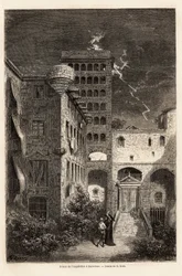 Das Gefängnis der Inquisition in Barcelona, Zeichnung von Gustave Doré (1832-1883), zur Illustration seiner Reise nach Spanien mit C. Davillier im Jahr 1862. Gravur in „Le tour du monde“, herausgegeben von Edouard Charton