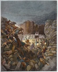 Die Mauern von Jericho stürzen ein - Der Fall der Mauern von Jericho - Kupferstich in „Die illustrierte Bibel“ von Gustave Doré (1832-1883) - Kupferstich aus „Die Doré-Bibel“