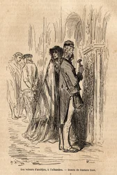 Die Azulejos-Diebe (handbemalte Wandbilder) in der Alhambra von Granada (erbaut 1238, erweitert 1333-1354). Eine Skizze von Gustave Doré (1832-1883), um seine Reise nach Spanien im Jahr 1862 zu illustrieren, begleitet von Ch. Davillier. Gravur in "Le tour 