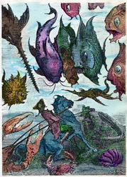 Der Baron auf seinem Pferd überquert Fische auf dem Meeresgrund. Szene aus „Die Abenteuer des Baron von Münchhausen“ von Rudolph Erich Raspe, Illustration von Gustave Doré.