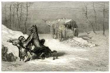 Der Bandit Agostin wird von einem Wolf angegriffen, in der Nähe des toten Pferdes, das noch im Wagen liegt, verlassen von Komödianten oder versteckt das kleine Chiquita. Gravur von Gustave Doré, die Théophile Gautiers Roman „Le capitaine Fracasse“ illustri