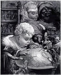 Die Erziehung des Gargantua: der Riese, Kind, studiert mit seinen Lehrern einen Globus, unter den Augen seiner Eltern