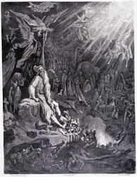 Das Jüngste Gericht wird dein Leiden beenden... Platte XII - Illustration von Gustave Doré (1832-1883), für La légende du juif errant von Pierre Dupont, Ausgabe Librairie du magasin pittoresque, Paris 1862
