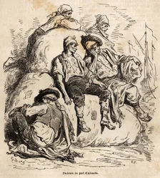 Das Nickerchen der Träger des Hafens von Alicante, Skizze von Gustave Doré (1832-1883), zur Illustration seiner Reise nach Spanien im Jahr 1862 mit Ch. Davillier. Gravur in „Le tour du monde“, herausgegeben von Edouard Charton