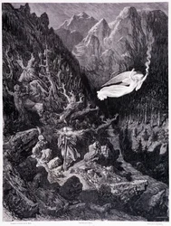 Der alte Mann mit Geldbeutel und Stock, der in einer feindlichen Landschaft geht, wird von einem Engel mit einer Feuerlanze überragt, Tafel VII - Illustration von Gustave Doré für La légende du Juif errant von Pierre Dupont