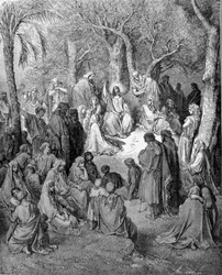 Die Bergpredigt: Jesus Christus predigt vor allen seinen Jüngern. Illustration der Bibel (Neues Testament) von Gustave Doré (1832-1883), 1866