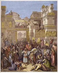 Der Triumph von Mardochee (oder Mordechai oder Mordecai) - Triumph von Mordecai - Gravur in „The Bible illustree“ von Gustave Doré (1832-1883) - Gravur aus „The Doré Bible“