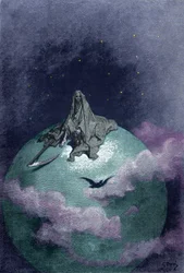Vision des Todes, der auf dem Globus mit seiner Sense sitzt. Illustration von Gustave Doré