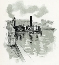 Boote beim Anlegen im Hafen von La Villette, Paris. Zeichnung von Gustave Fraipont (1849-1923) aus "La Seine à travers Paris" von Saint-Juirs