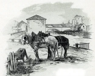 Zugpferde, Quai de la Gironde, Villette (Zugpferde für die Boote des Canal Saint-Denis, Quai de la Gironde, Villette Paris) Zeichnung von Gustave Fraipont (1849-1923) aus Saint-Juirs