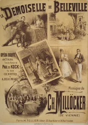 Plakat für La Demoiselle de Belleville, komische Oper, Libretto von Charles Nuitter und Alexandre Beaumont, Musik von Karl Millöcker, Zeichnung von Gustave Fraipont, Tellier Verlag, Paris